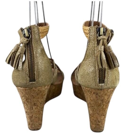 UGG Lillie Gold Suede Metallic Wedge Sandal Women's 9 Braided Strappy Tassel - Picture 2 of 7